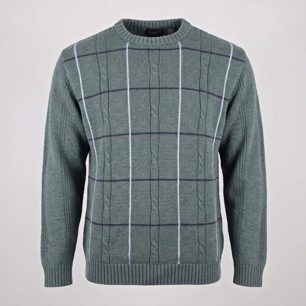 Men's Green Windowpane Cable Knit Sweater